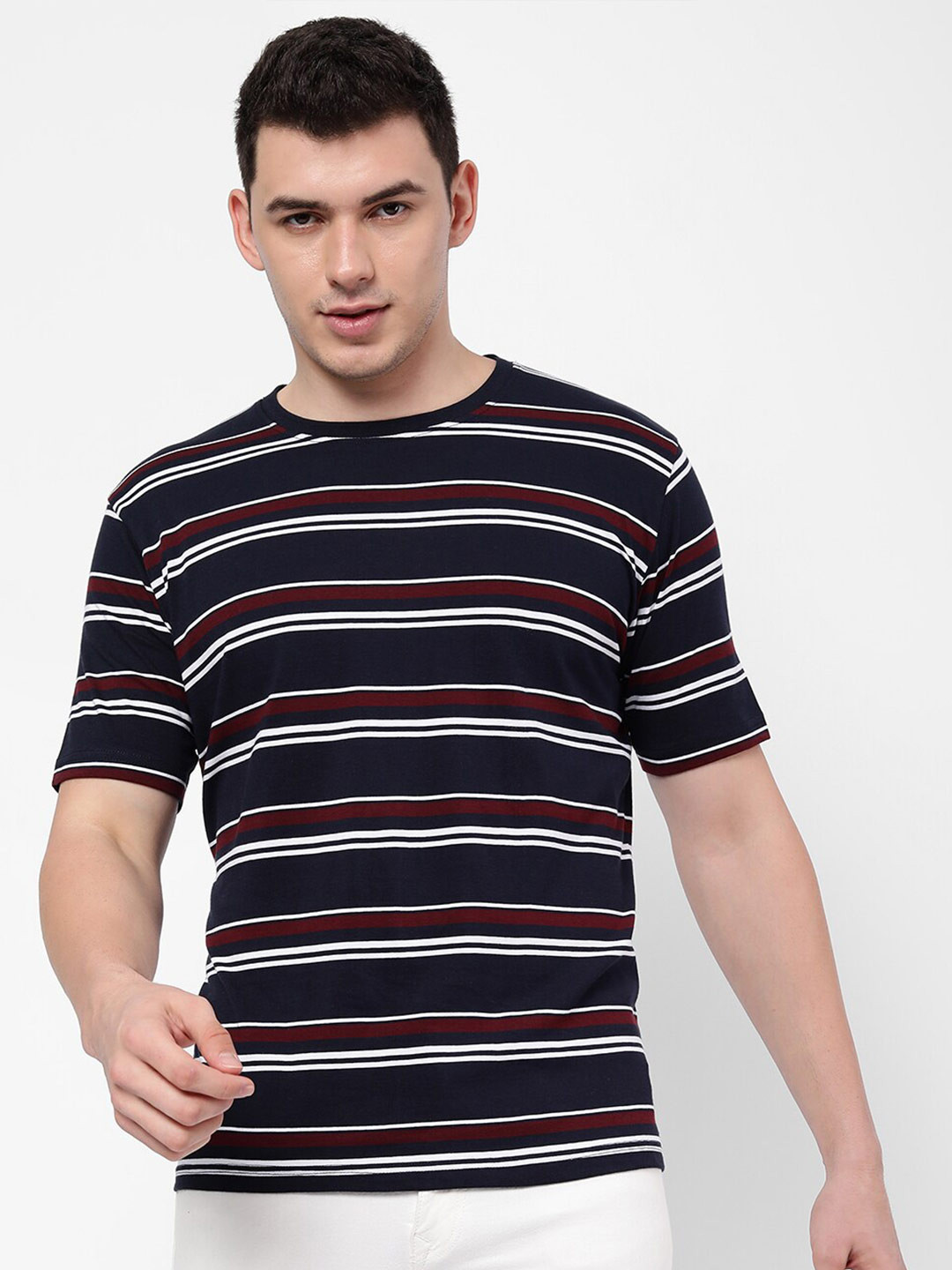

R&B Men Navy Blue & Red Striped T-shirt