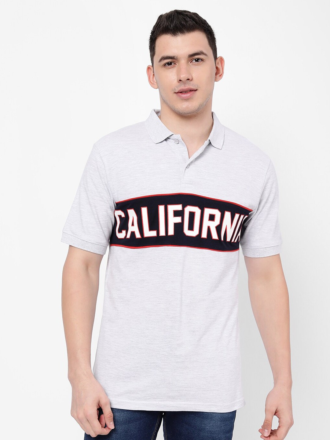 

R&B Men Grey Typography Printed Polo Collar T-shirt