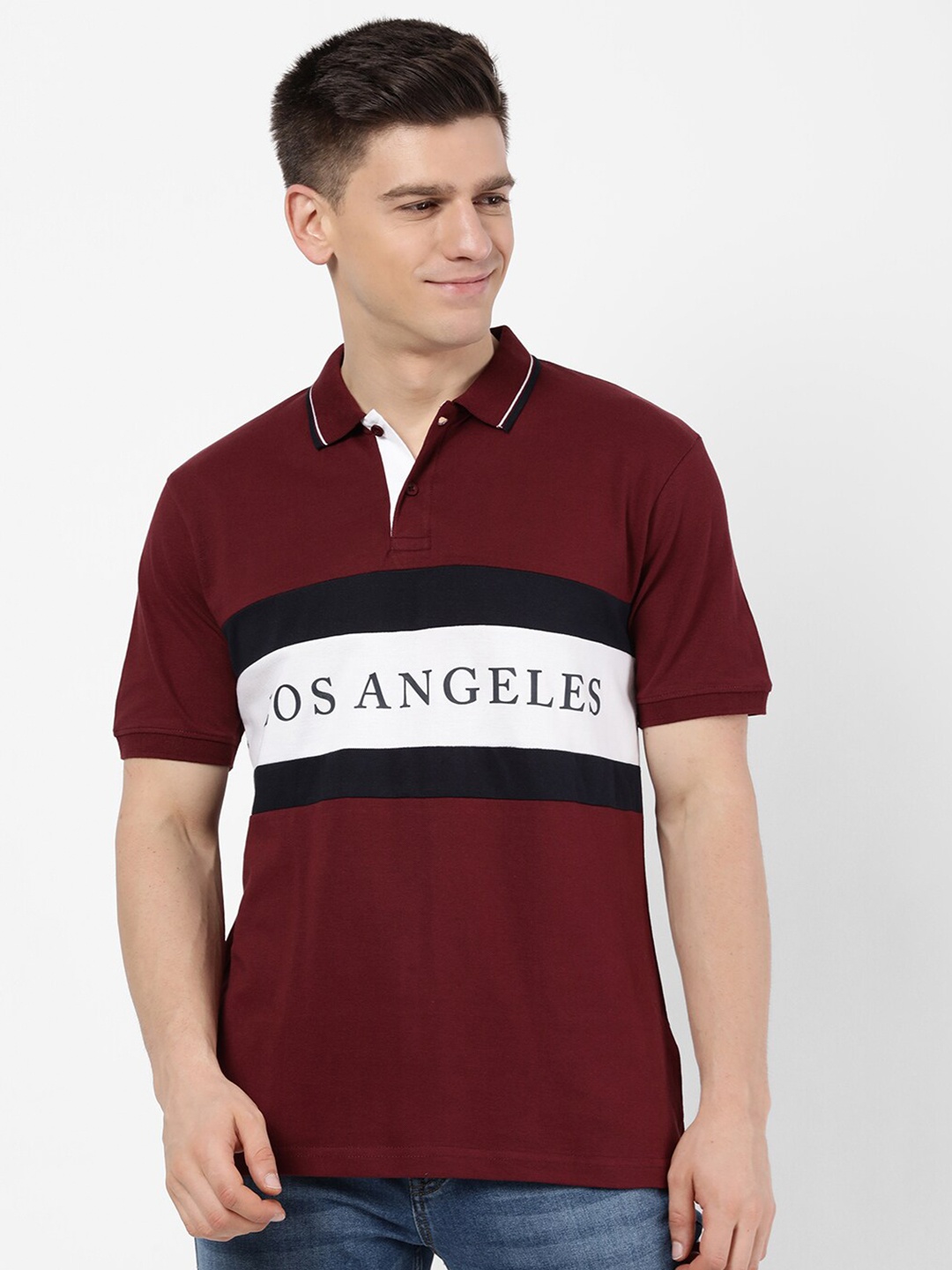 

R&B Men Maroon Typography Printed Polo Collar T-shirt