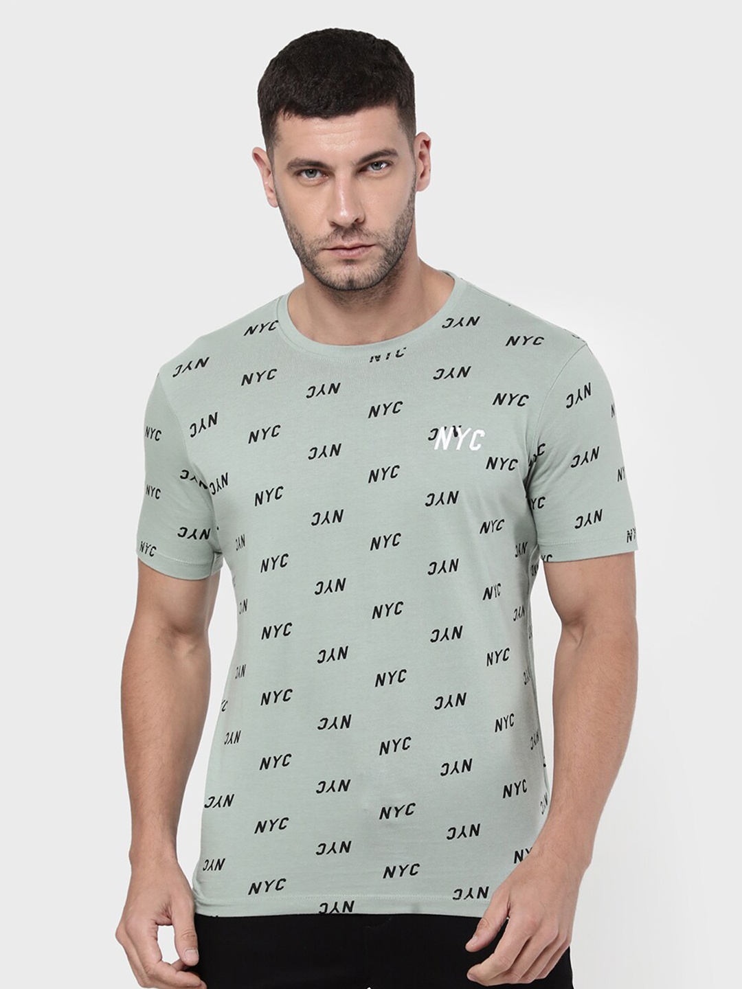 

R&B Men Green & Black Typography Printed Cotton T-shirt