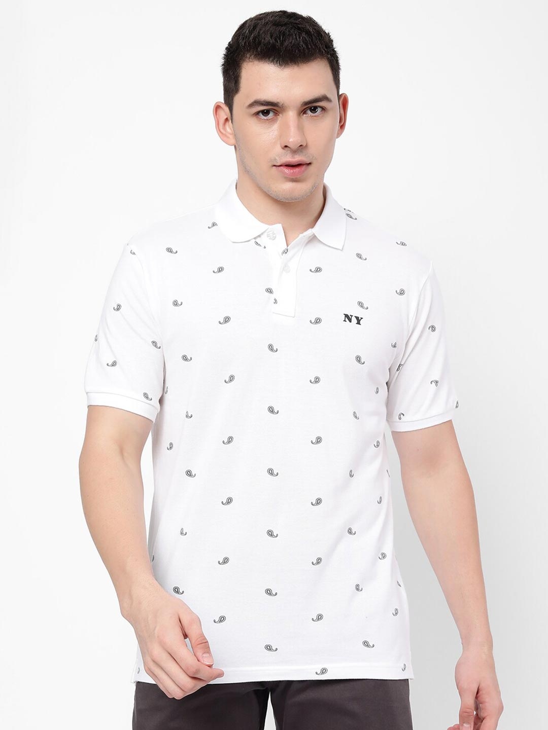 

R&B Men White Printed Cotton Polo Collar T-shirt
