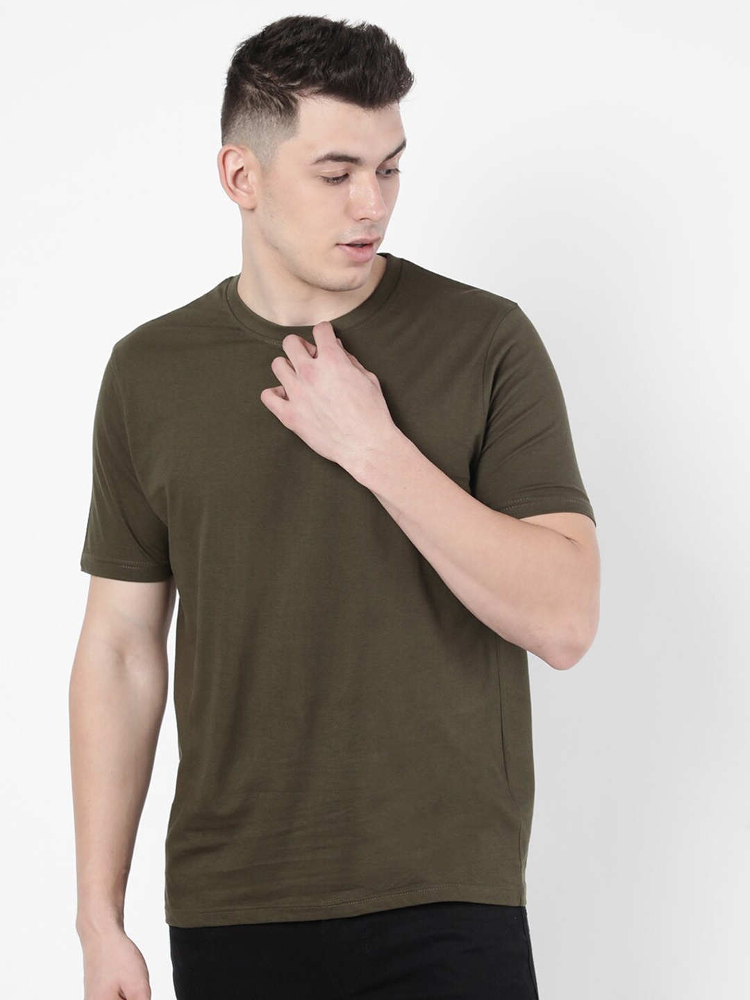 

R&B Men Olive Green Solid T-shirt