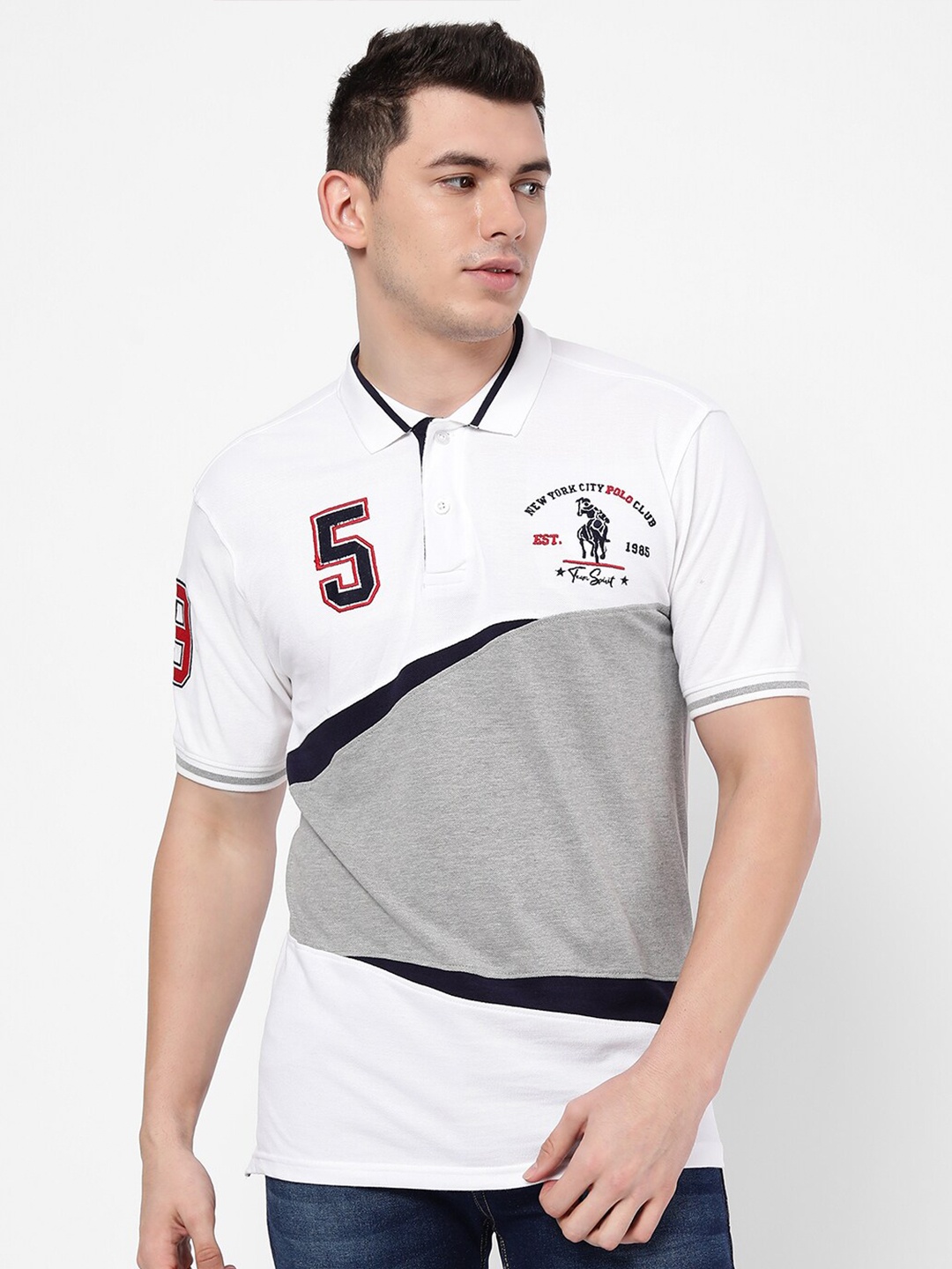 

R&B Men White & Grey Colourblocked Polo Collar T-shirt