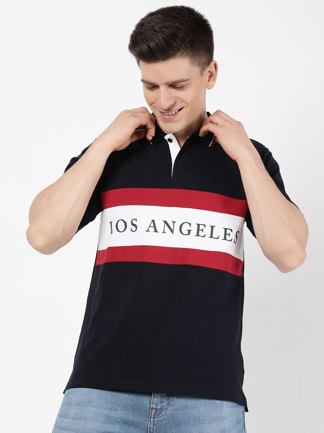 

R&B Men Navy Blue Typography Printed Cotton Polo Collar T-shirt
