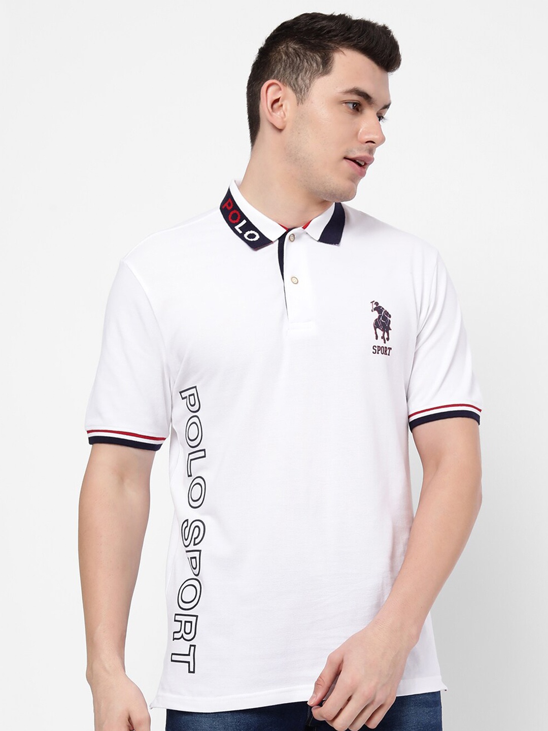 

R&B Men White Typography Printed Cotton Polo Collar T-shirt