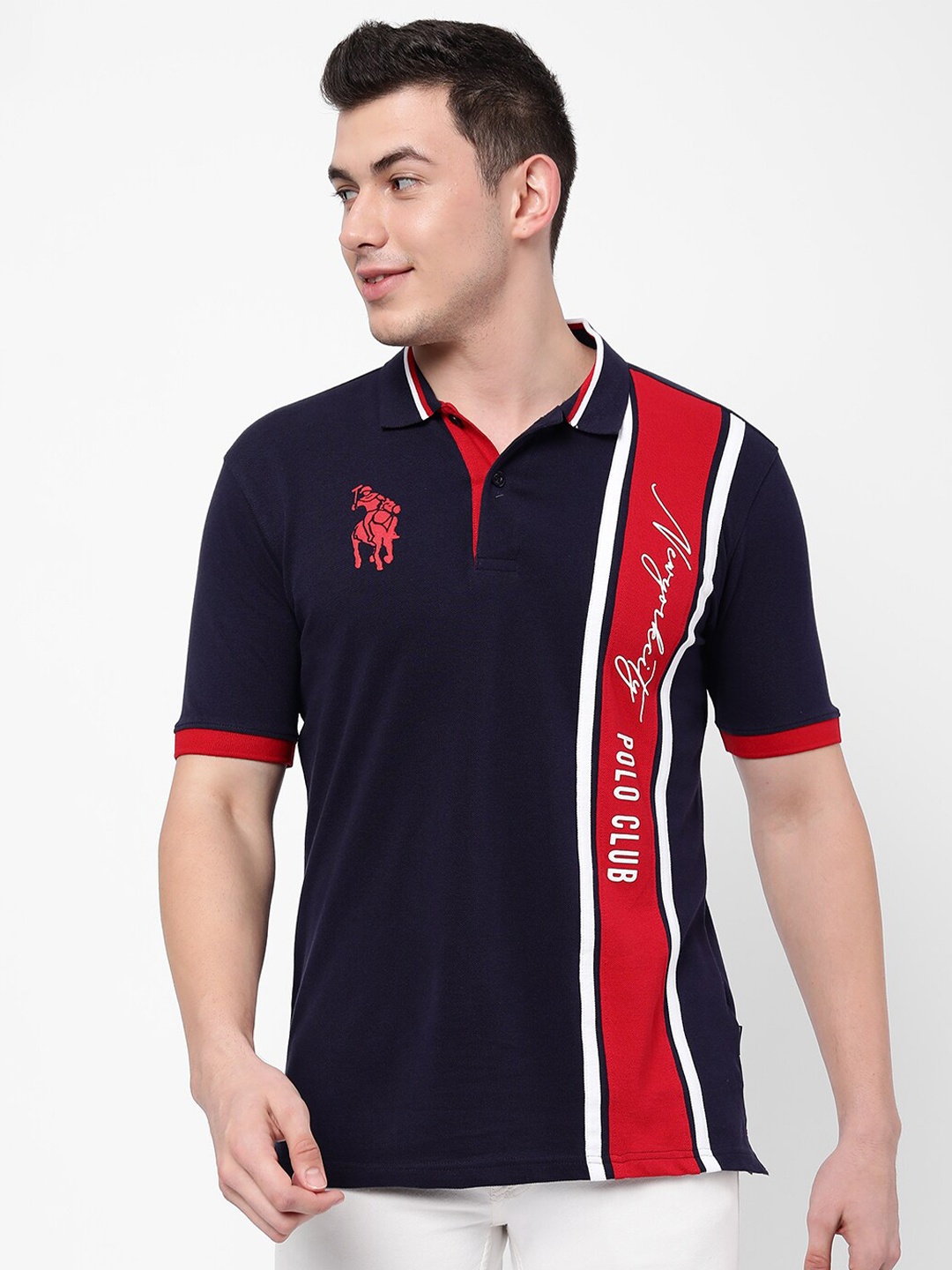 

R&B Men Blue Typography Printed Polo Collar Cotton T-shirt