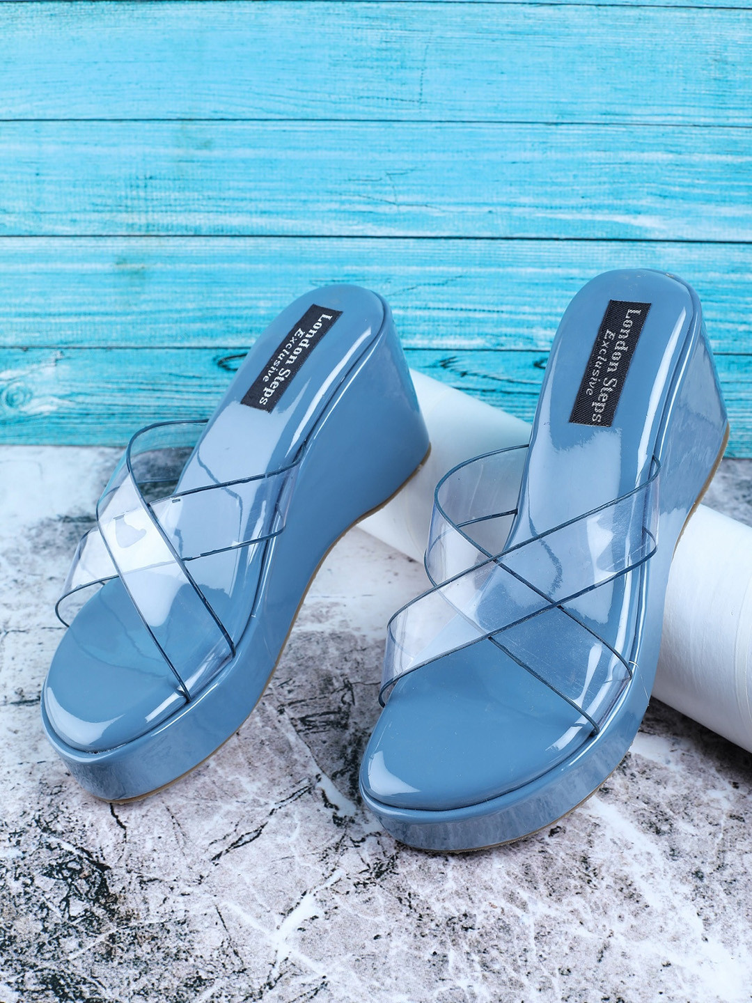 

LONDON STEPS Women Blue Wedge Pumps