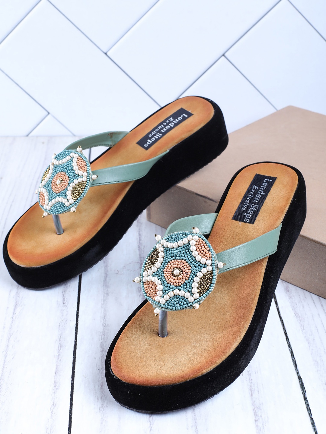 

LONDON STEPS Green & Brown Embellished Wedge Pumps