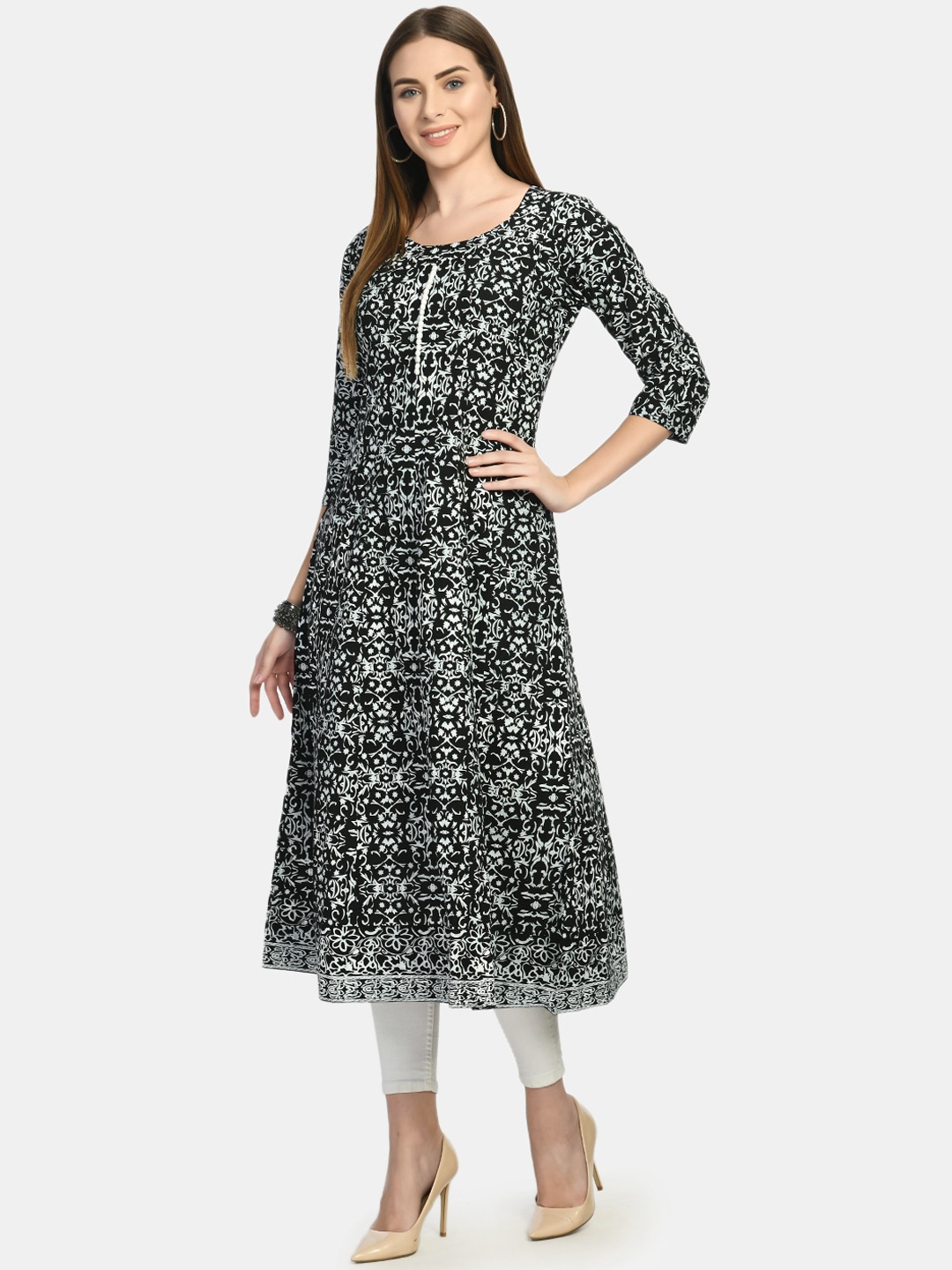 

RIYA Women Black Geometric Printed Work Block Print Anarkali Kurta
