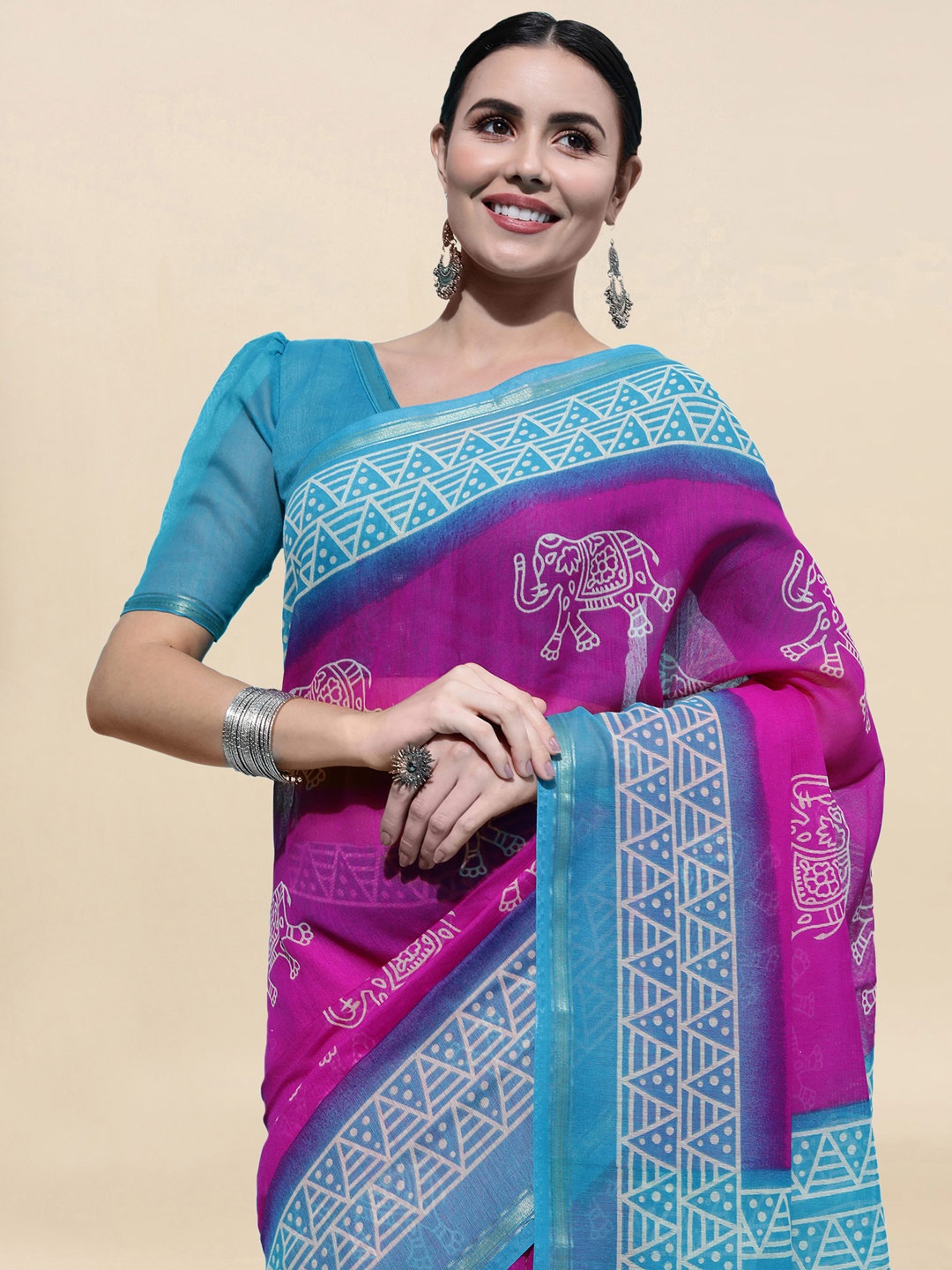 

KALINI Pink & Silver-Toned Ethnic Motifs Zari Saree