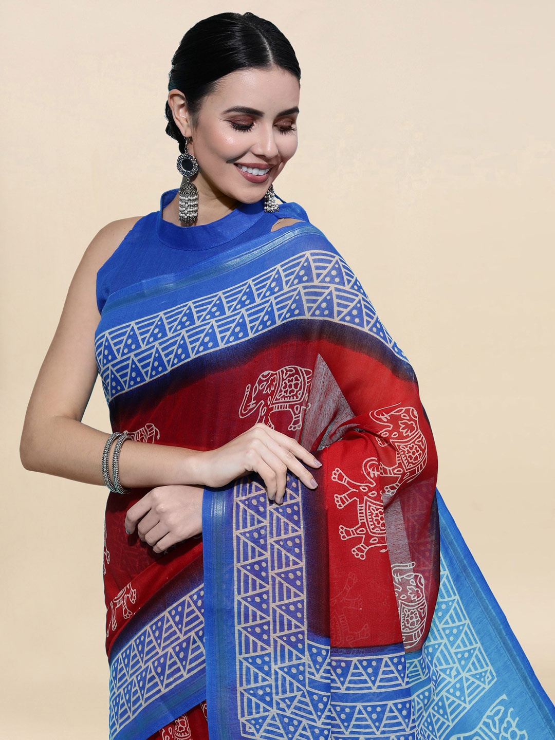 

KALINI Red & Blue Ethnic Motifs Zari Saree