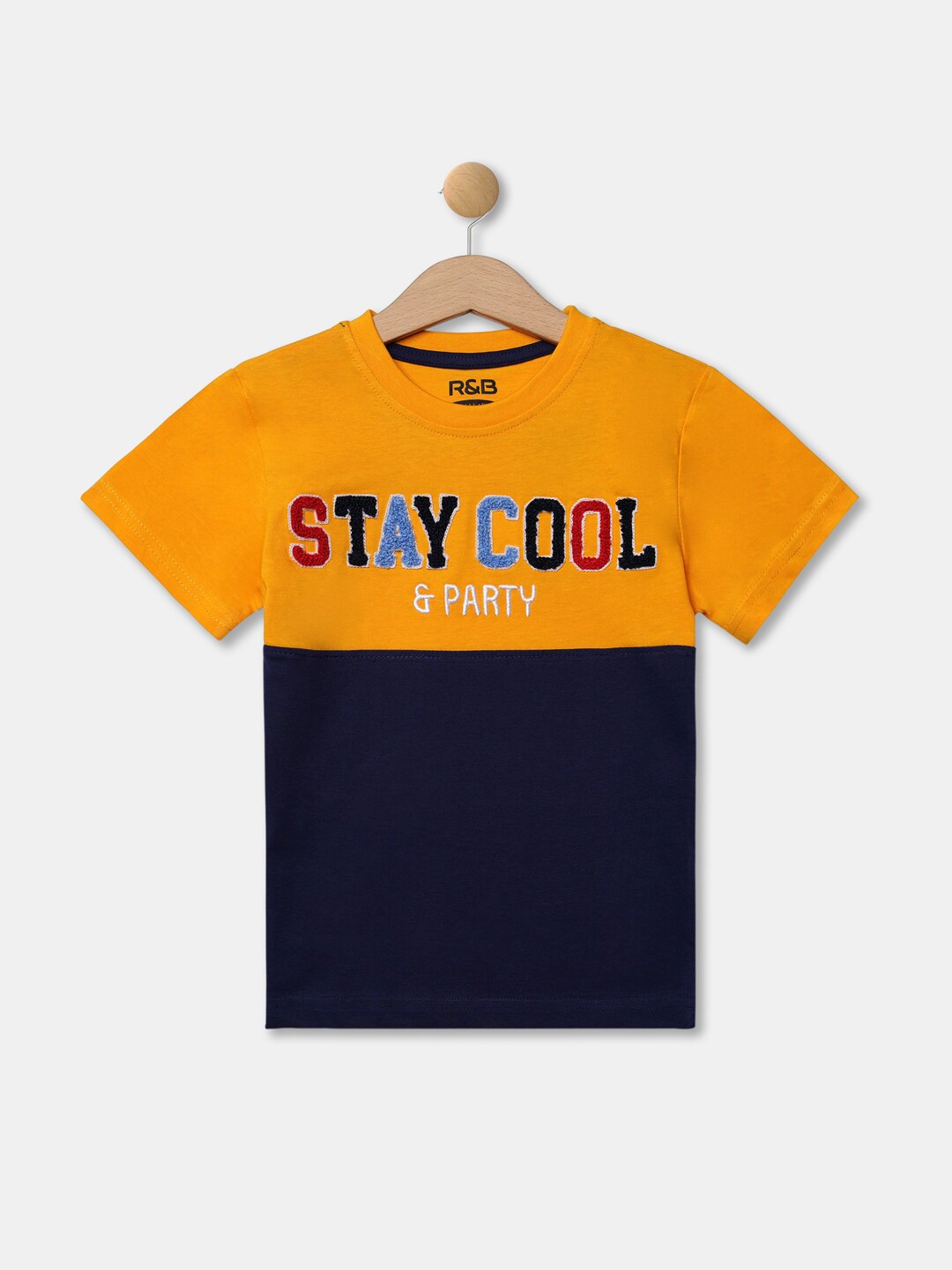 

R&B Boys Yellow & Navy Blue Colourblocked Cotton T-shirt