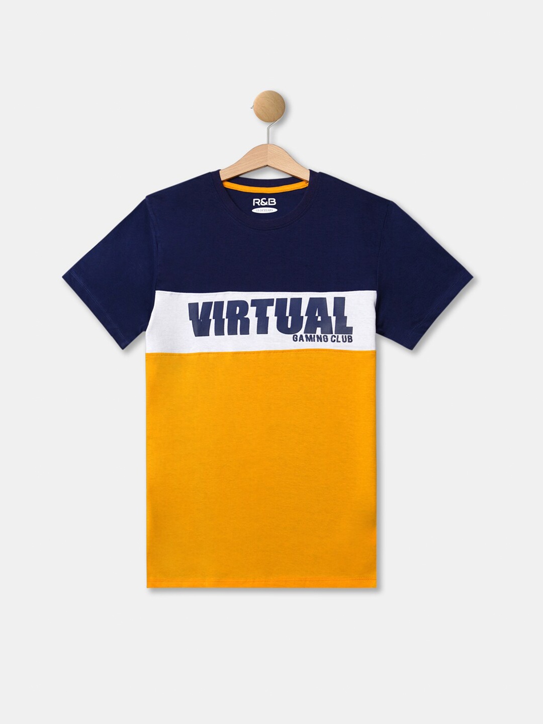 

R&B Boys Navy Blue & Yellow Typography Printed T-shirt
