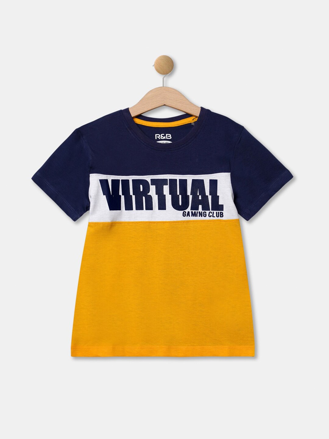 

R&B Boys Navy Blue & Yellow Typography Colourblocked T-shirt