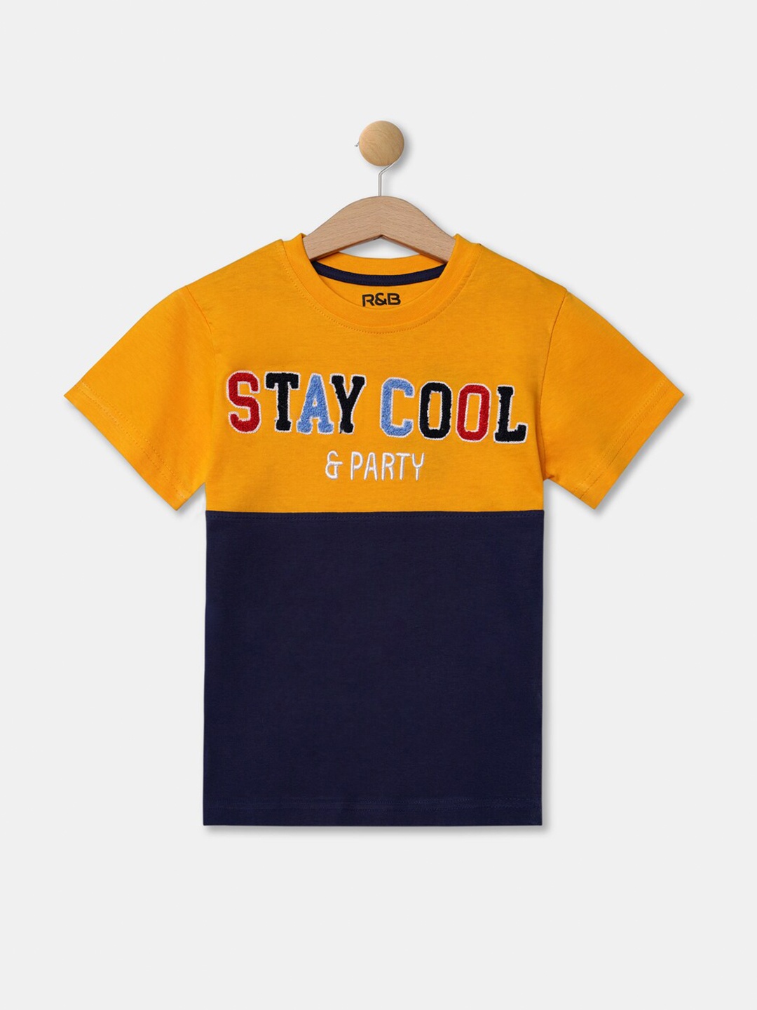 

R&B Boys Yellow & Navy Blue Typography Printed T-shirt