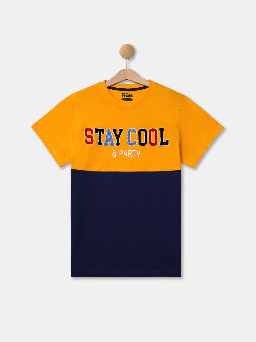 

R&B Boys Navy Blue & Orange Typography Printed T-shirt