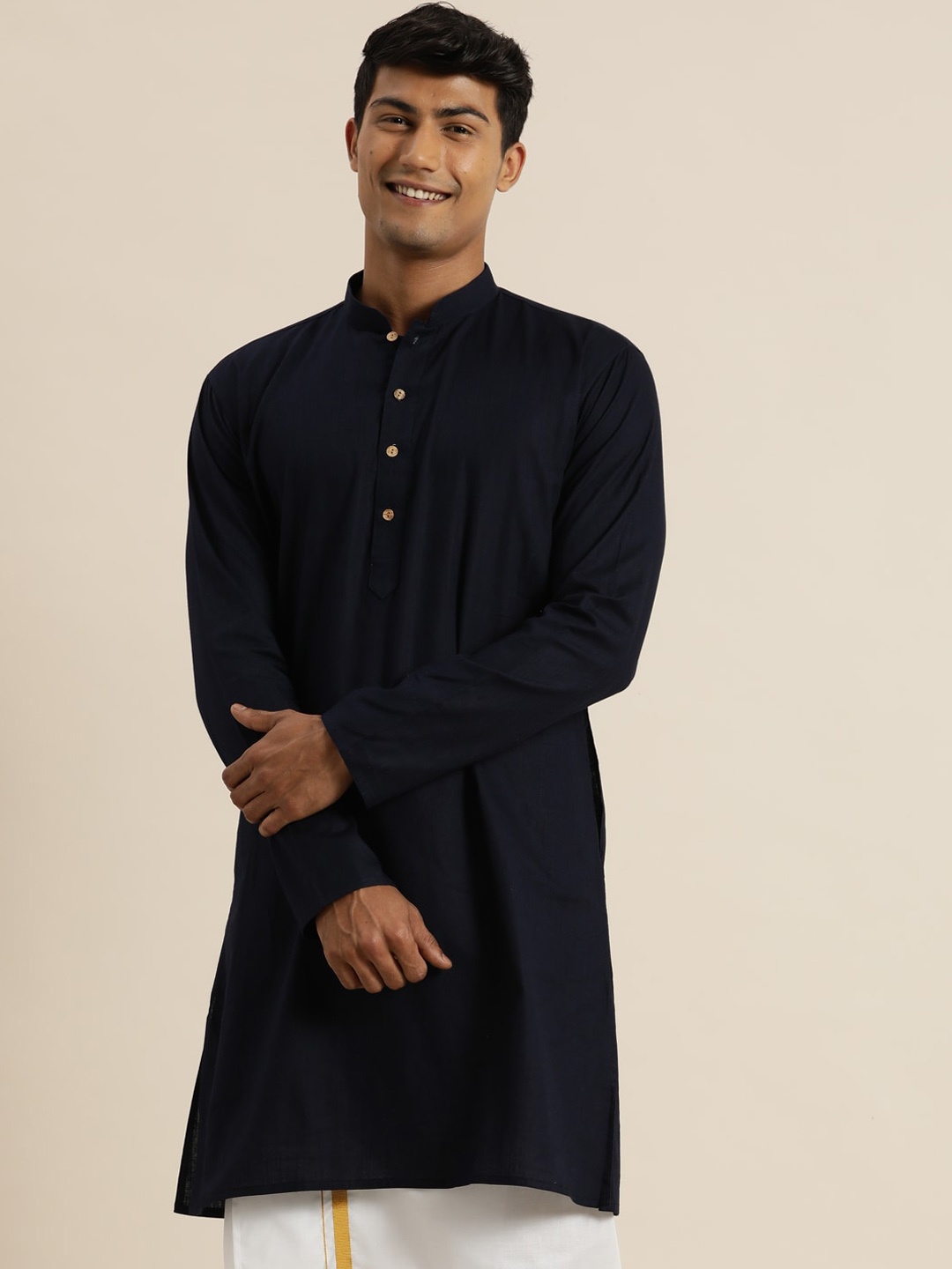 

VASTRAMAY Men Navy Blue Cotton Linen Thread Work Kurta