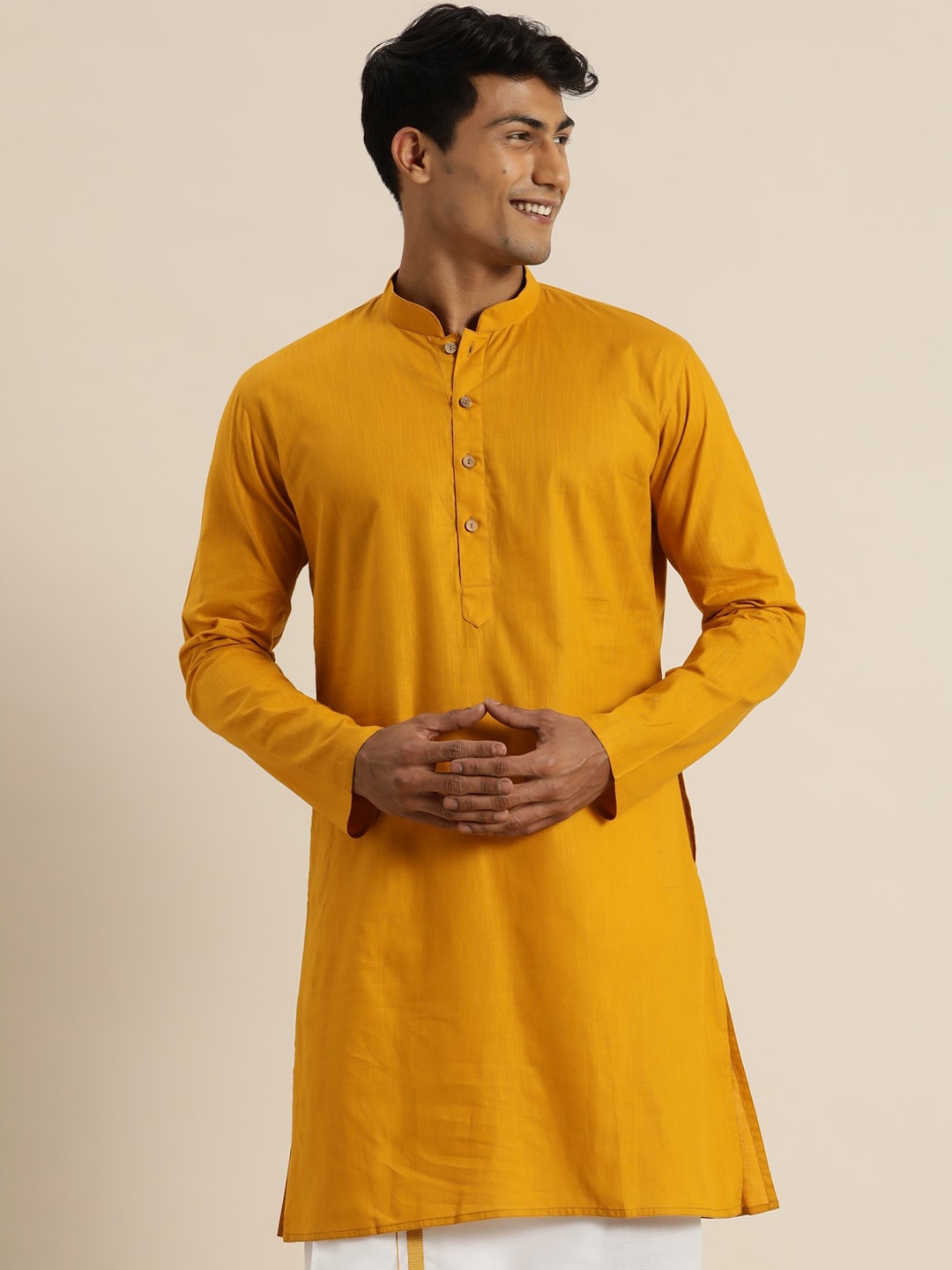 

VASTRAMAY Men Mustard Yellow Embroidered Thread Work Kurta
