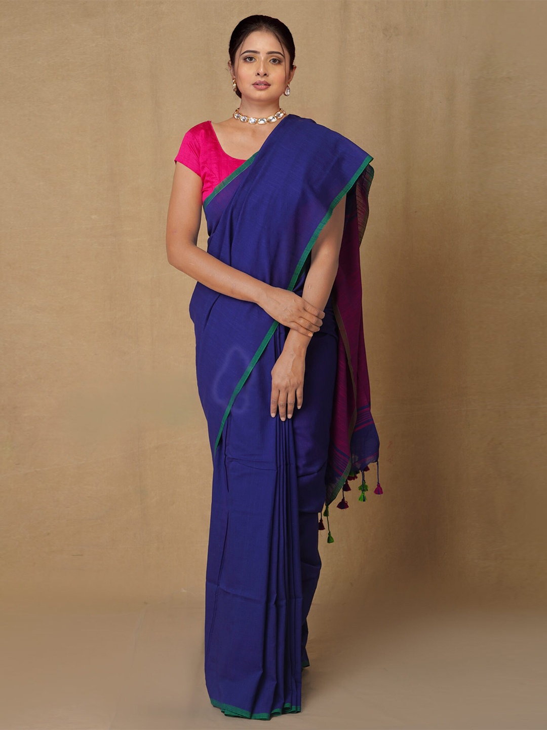 

Unnati Silks Navy Blue & Purple Woven Design Zari Pure Linen Jamdani Saree
