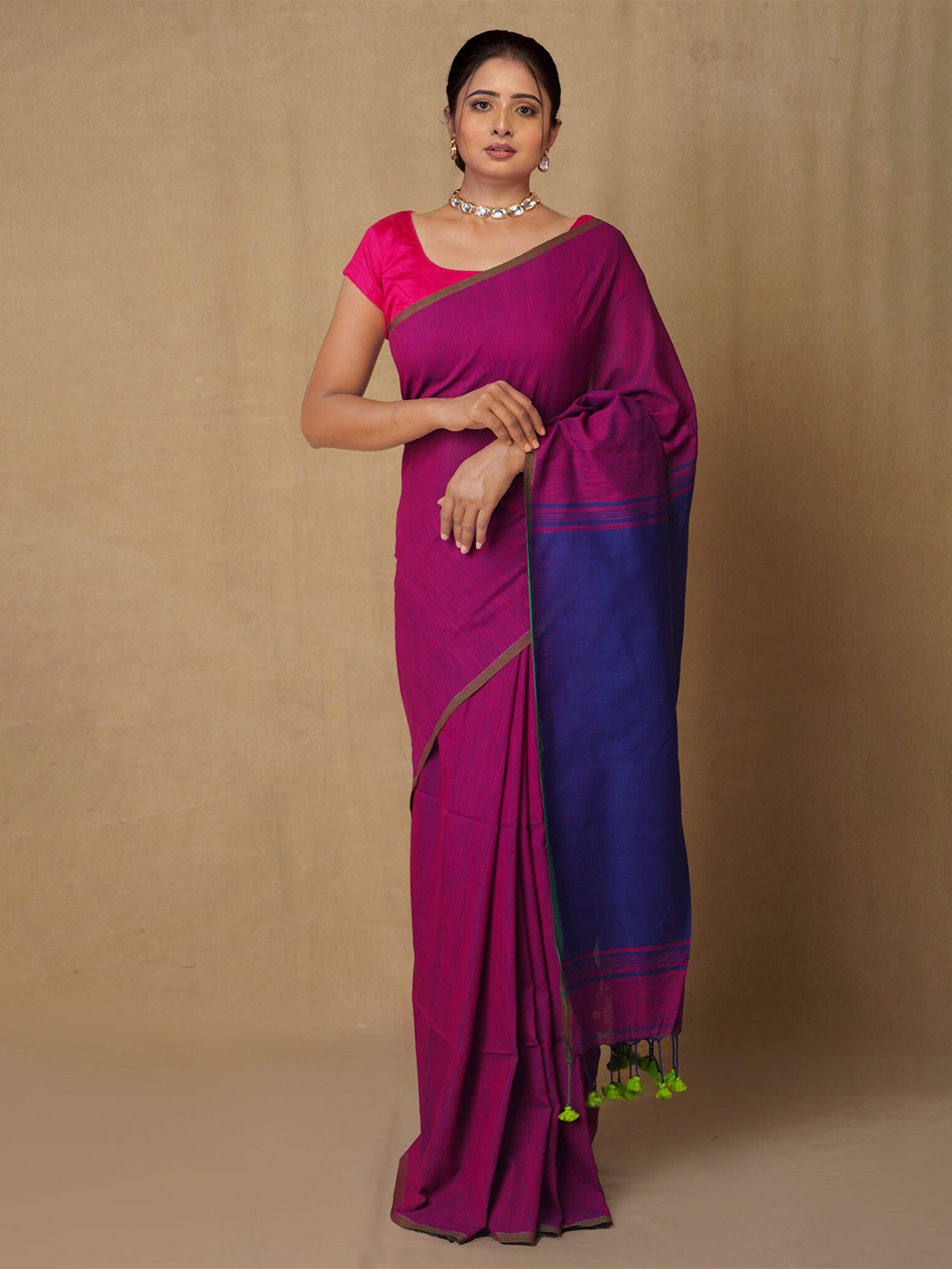 

Unnati Silks Pink & Blue Pure Linen Jamdani Saree