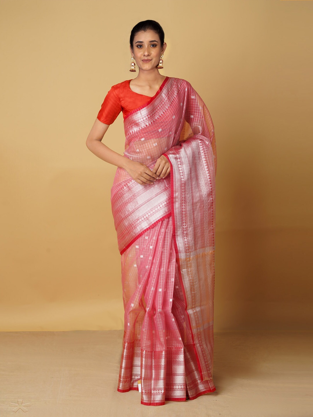 

Unnati Silks Peach-Coloured & Silver-Toned Woven Design Zari Silk Cotton Banarasi Saree