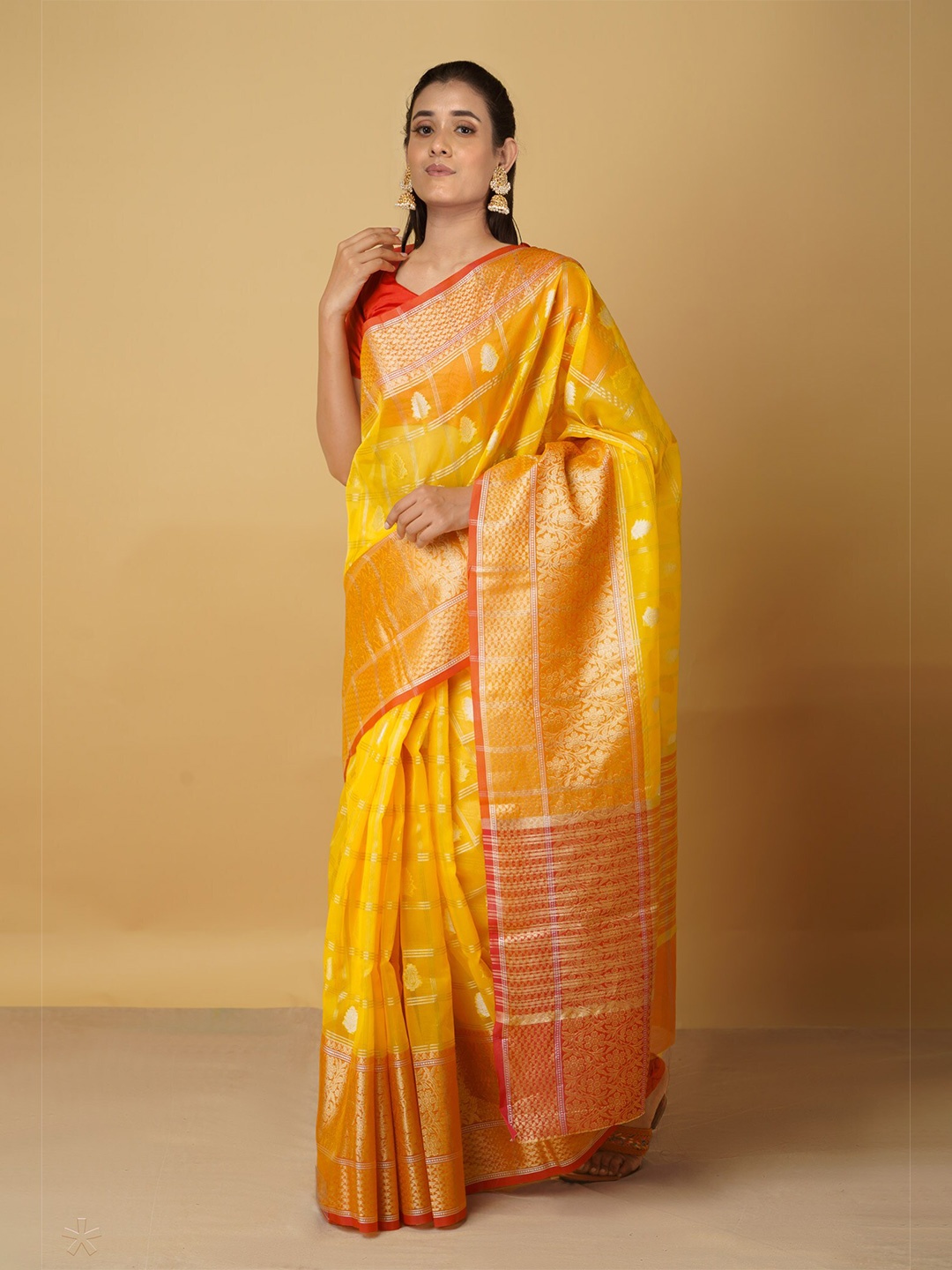 

Unnati Silks Yellow & Gold-Toned Woven Design Zari Silk Cotton Banarasi Saree