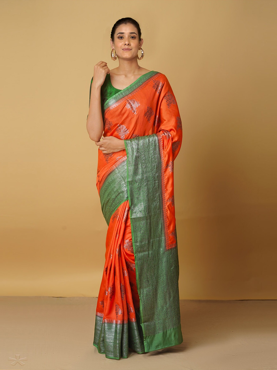 

Unnati Silks Orange & Green Woven Design Zari Silk Cotton Kanjeevaram Saree