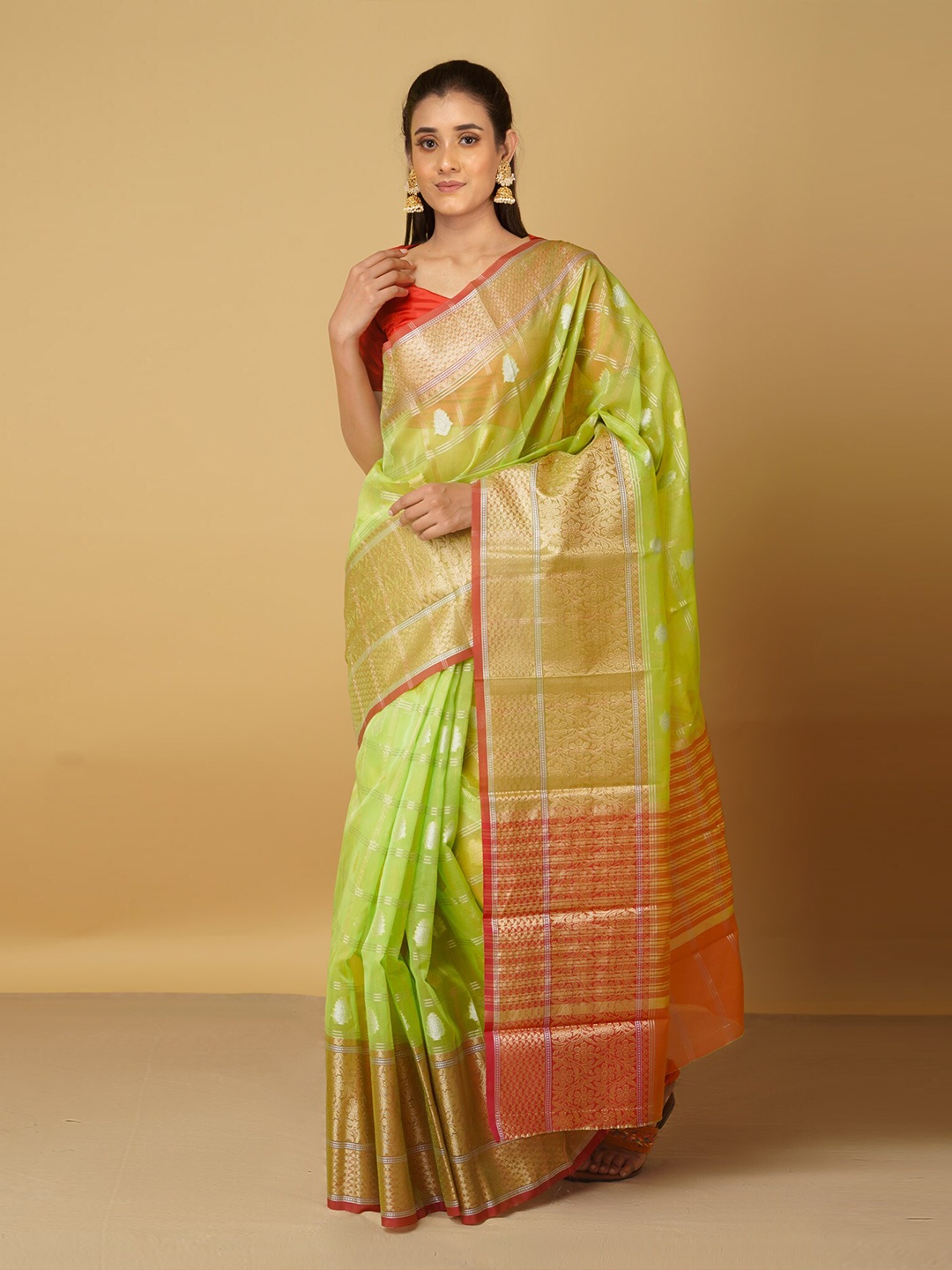 

Unnati Silks Green & Red Woven Design Zari Silk Cotton Banarasi Saree