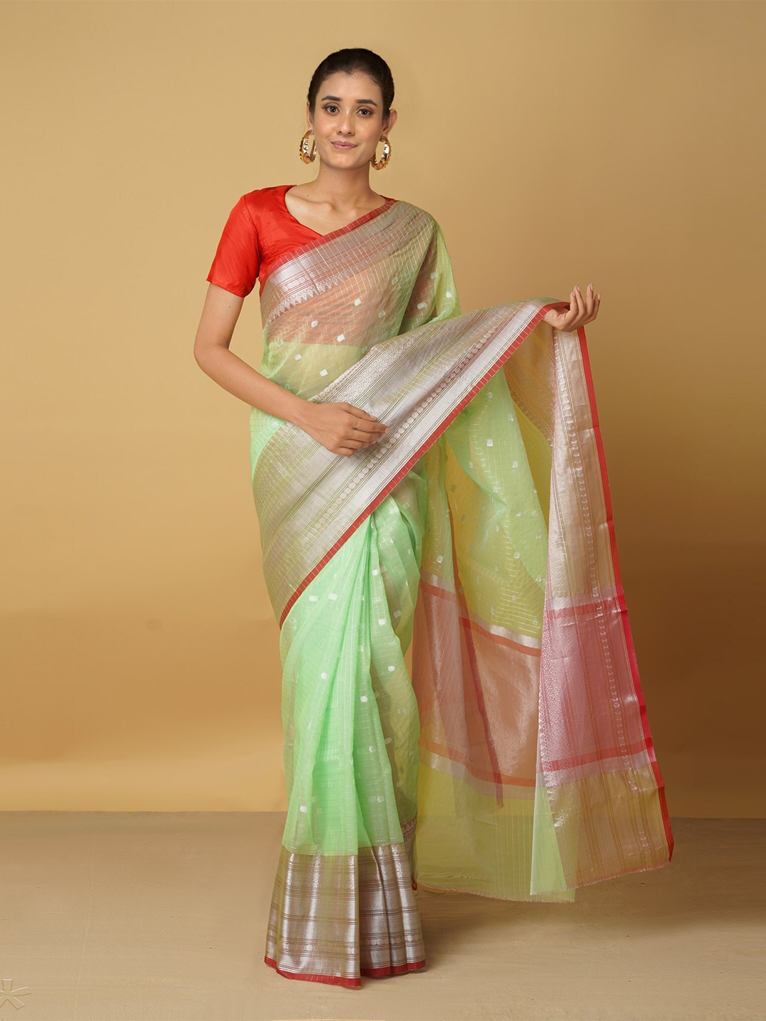 

Unnati Silks Green & Red Woven Design Zari Silk Cotton Banarasi Saree