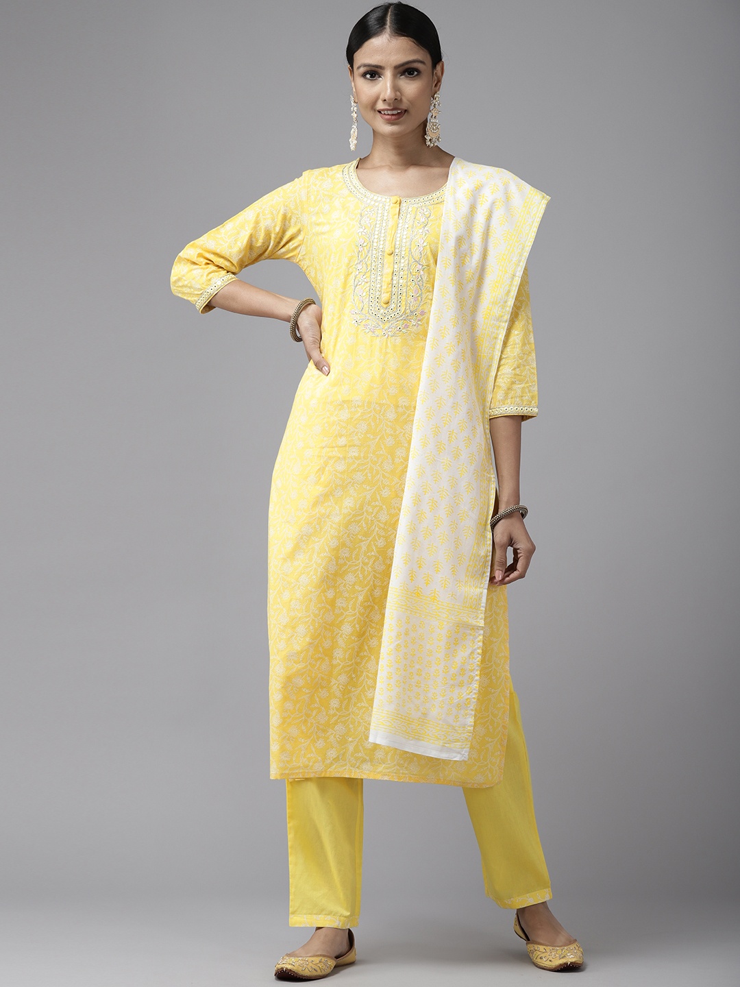 

Prakrti Women Yellow Floral Printed Pure Cotton Kurta with Trousers & With Dupatta