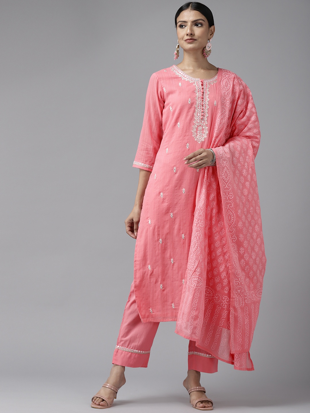

Prakrti Women Coral Ethnic Motifs Pure Cotton Kurta with Trousers & With Dupatta
