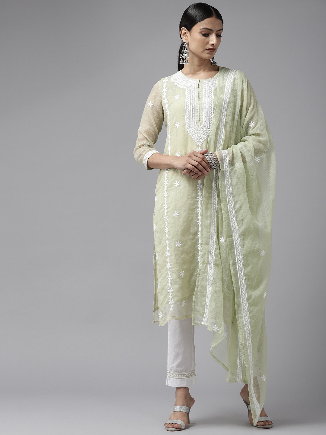 

Prakrti Women Olive Green Ethnic Motifs Embroidered Pure Cotton Kurta with Trousers & With Dupatta