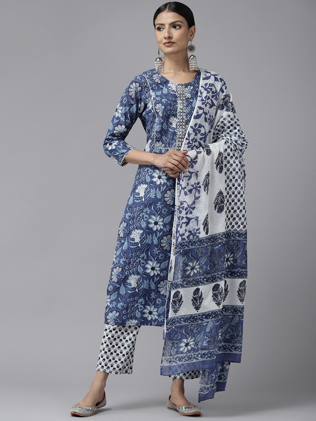 

Prakrti Women Blue Floral Yoke Design Gotta Patti Pure Cotton Kurta with Trousers & With Dupatta