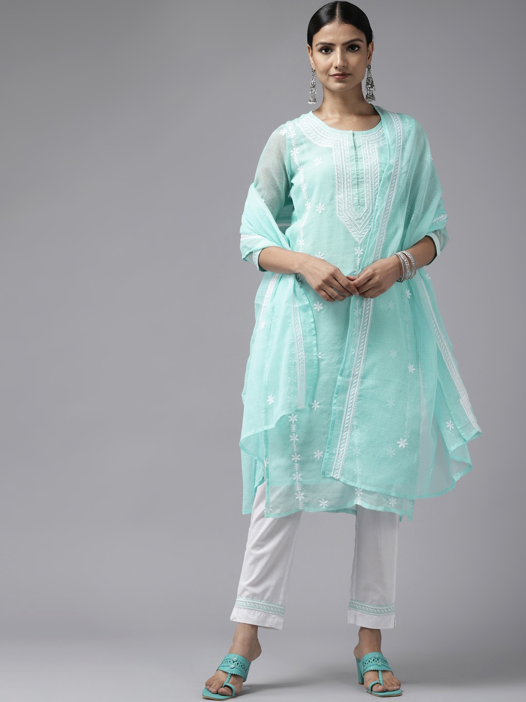 

Prakrti Women Turquoise Blue Ethnic Motifs Embroidered Pure Cotton Kurta with Trousers & With Dupatta