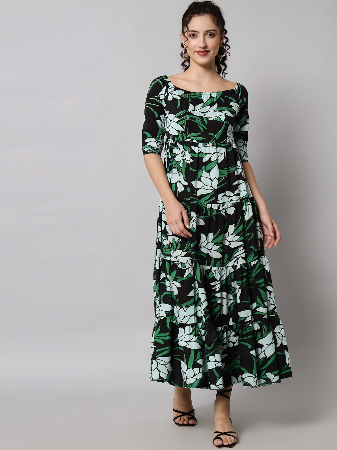 

emeros Women Black & Green Floral Printed Crepe Midi Dress