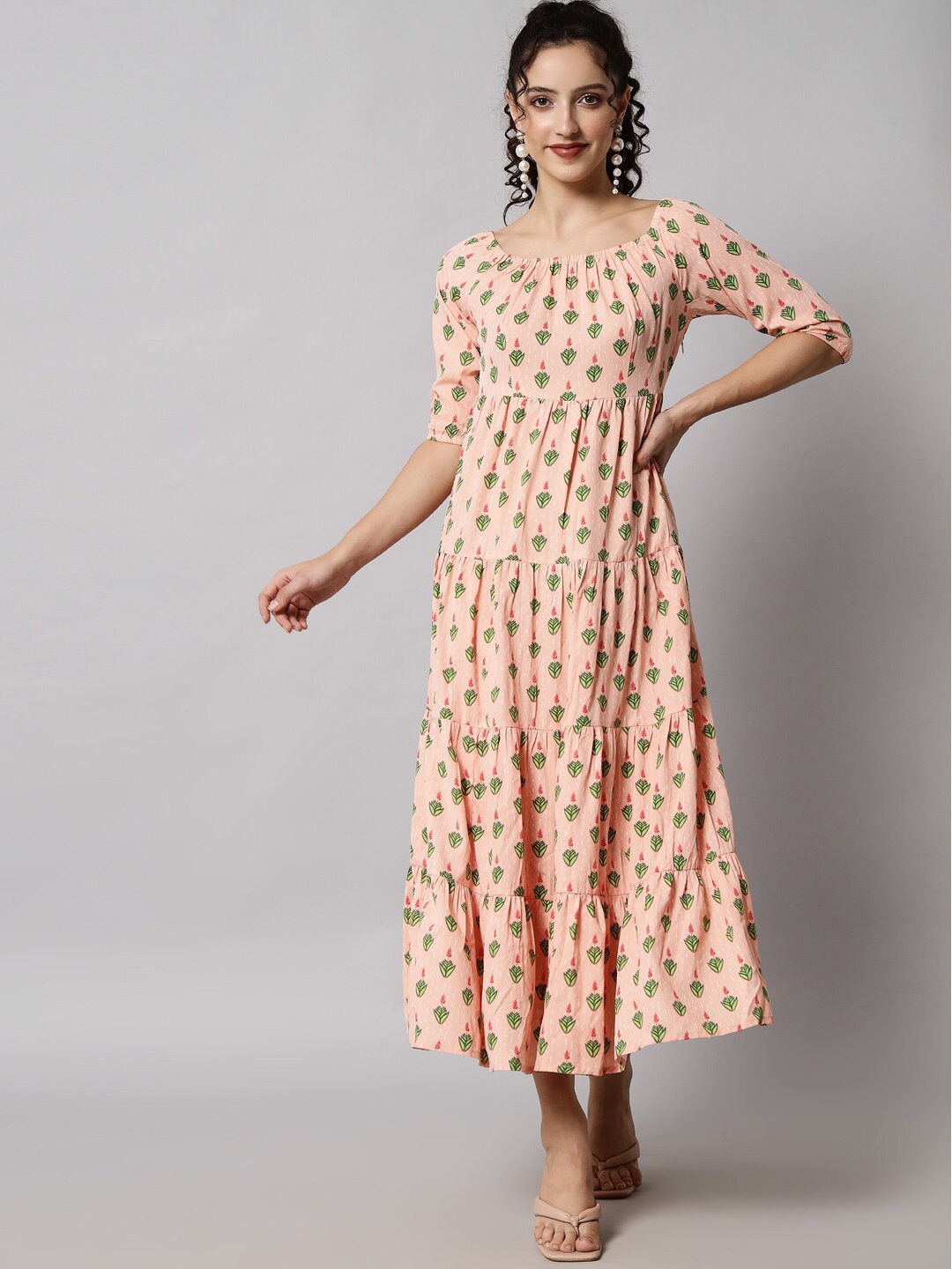 

emeros Peach-Coloured Ethnic Motifs Layered Crepe Maxi Dress