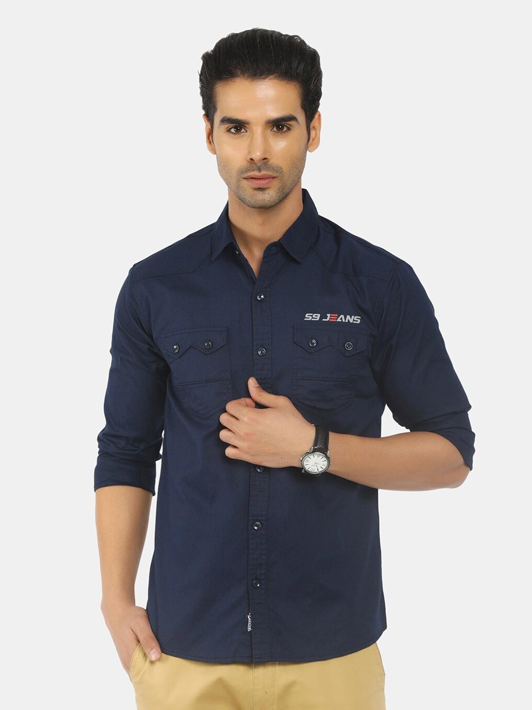 

V-Mart Men Navy Blue Solid Cotton Slim Fit Classic Casual Shirt