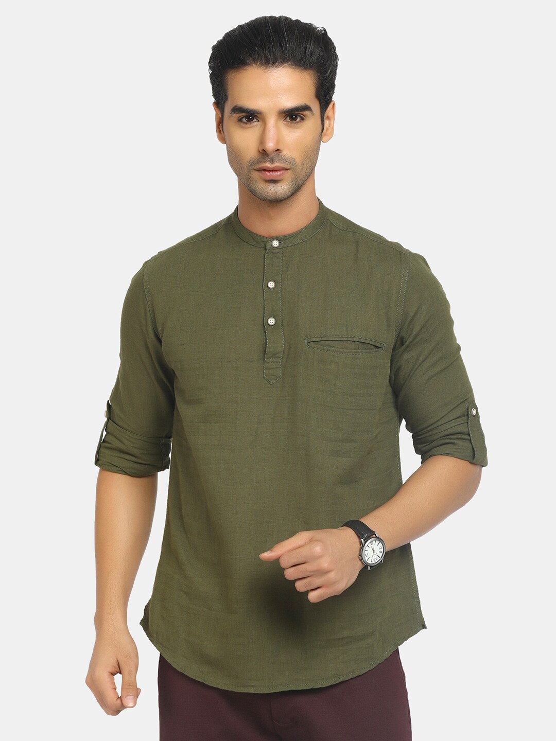 

V-Mart Men Green Classic Cotton Linen Casual Shirt
