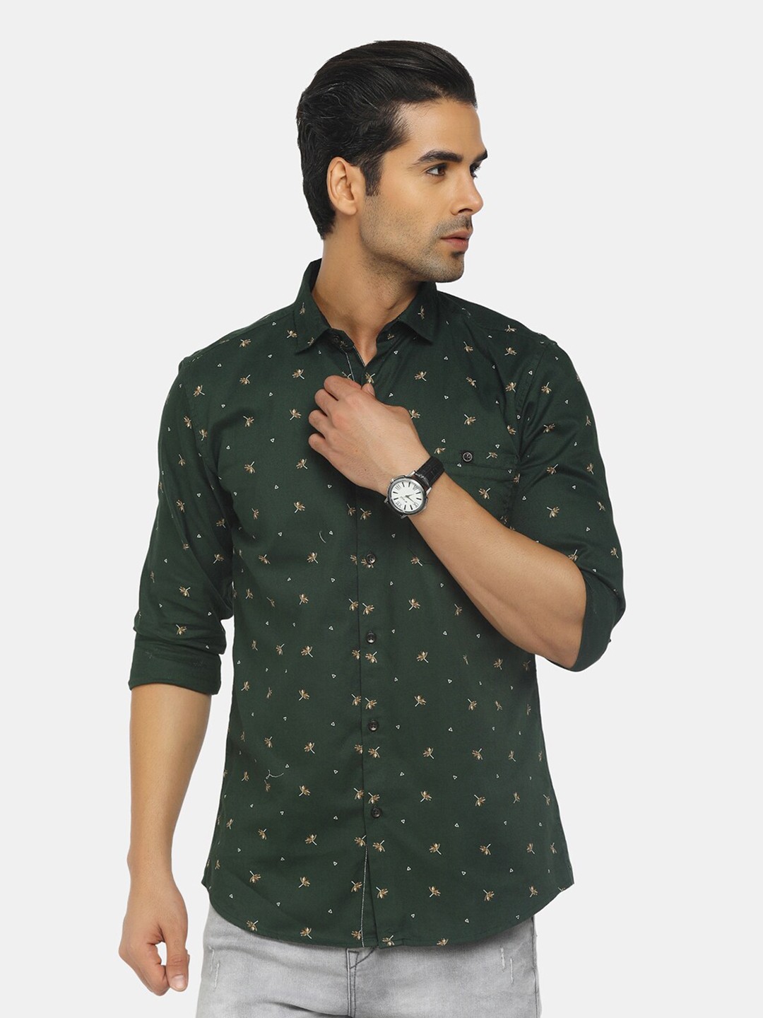 

V-Mart Men Olive Green Classic Slim Fit Floral Printed Casual Shirt