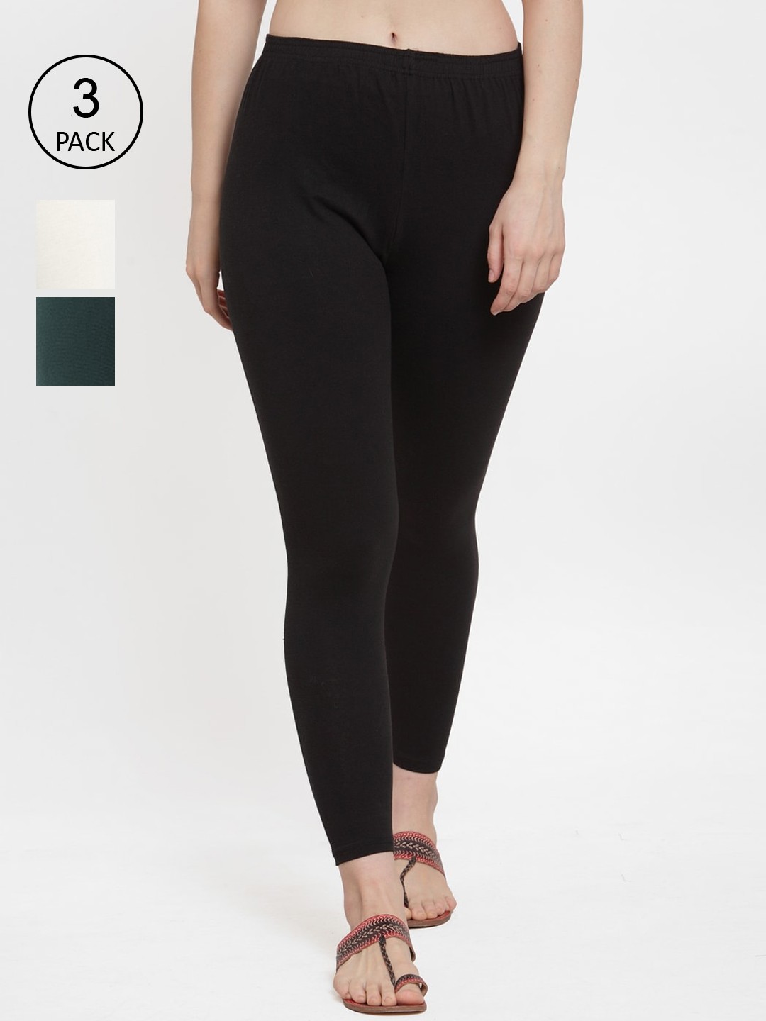 

GRACIT Women Black, Green & Off White Solid Ankle-Length Leggings
