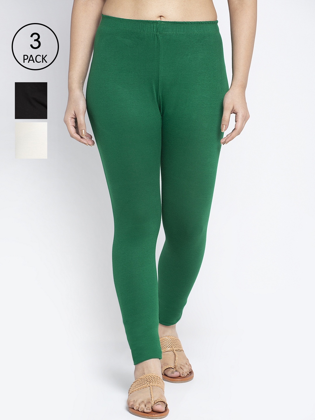 

GRACIT Women Pack Of 3 Green & Black Solid Ankle-Length Leggings