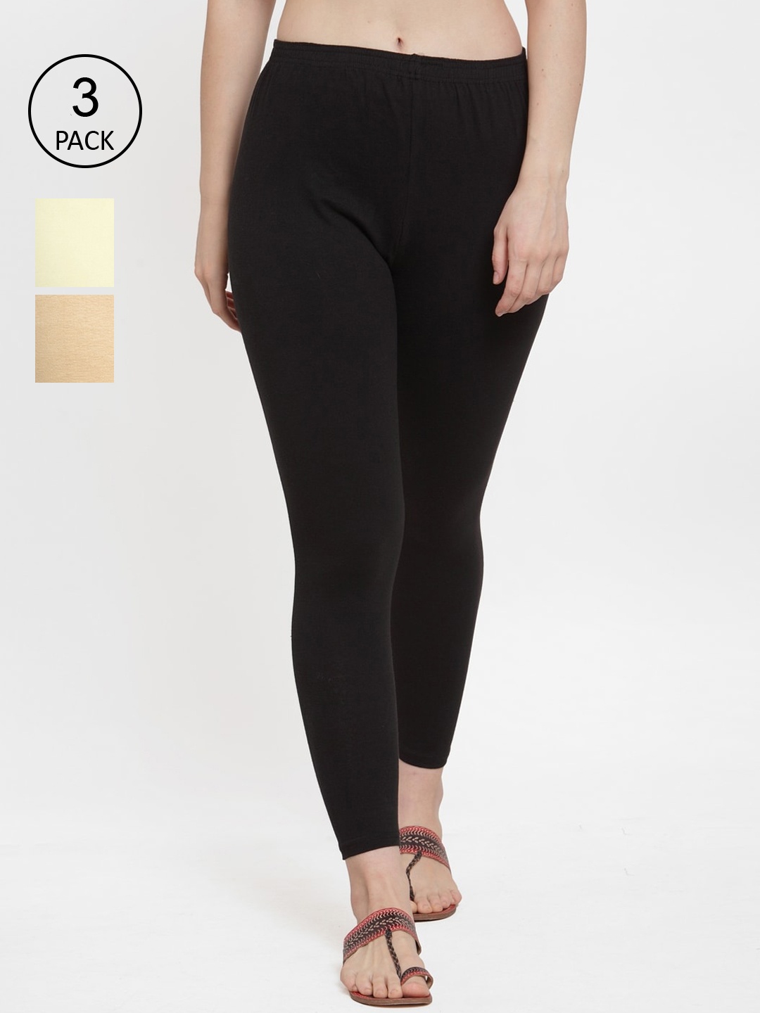 

GRACIT Women Biege And Cream Pack Of 3 Solid Ankle-Length Leggings, Black