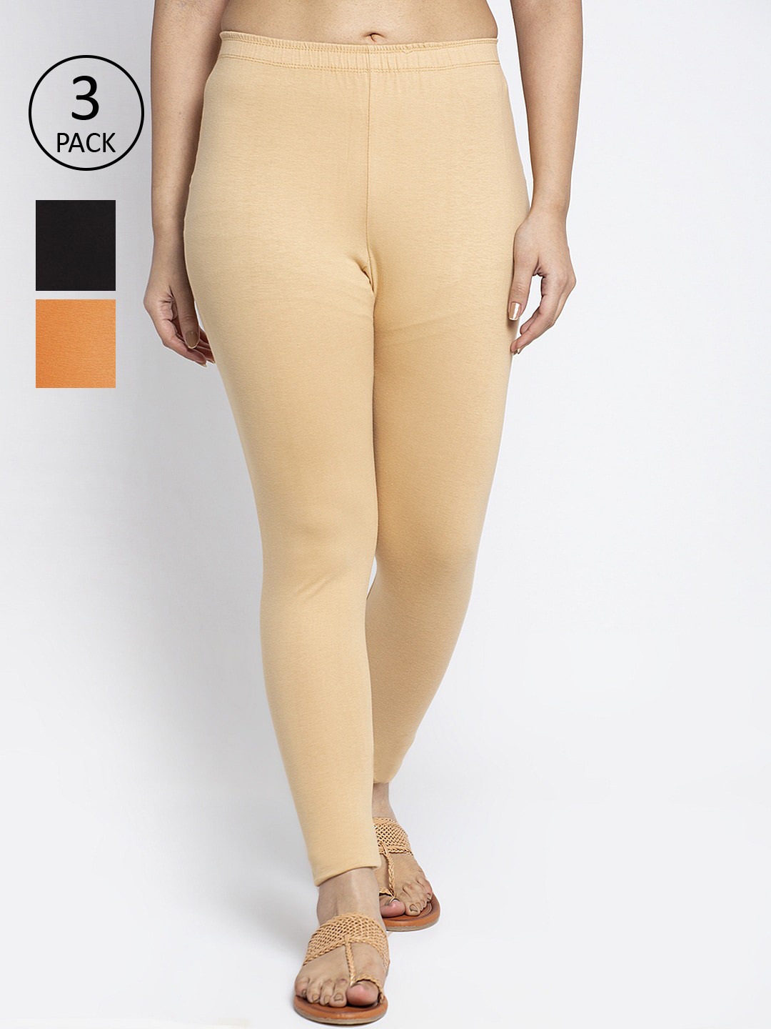 

GRACIT Women Pack Of 3 Solid Black, Skin, Orange Ankle-Length Leggings