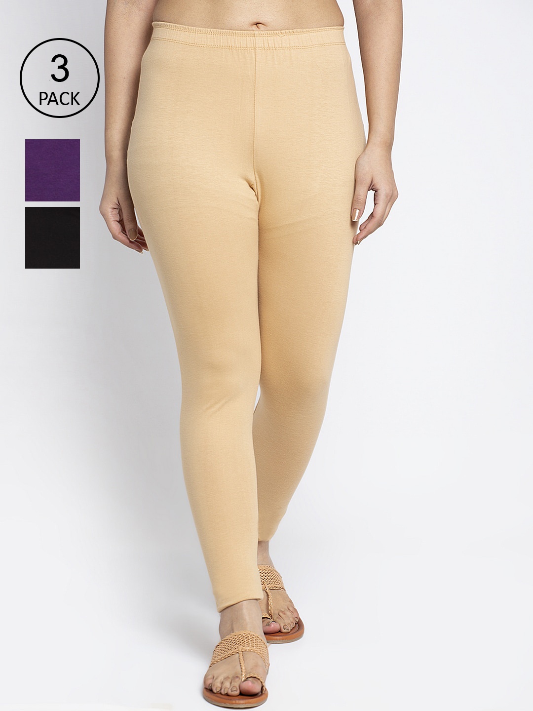 

GRACIT Women Purple Beige Pack Of 3 Solid Ankle-Length Super Combed Cotton Leggings, Black
