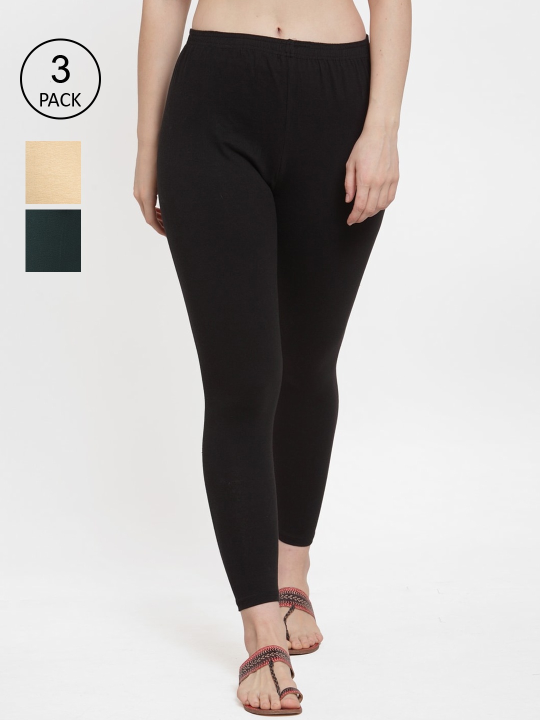 

GRACIT Women Black and Green and Cream Pack Of 3 Solid Ankle-Length Leggings