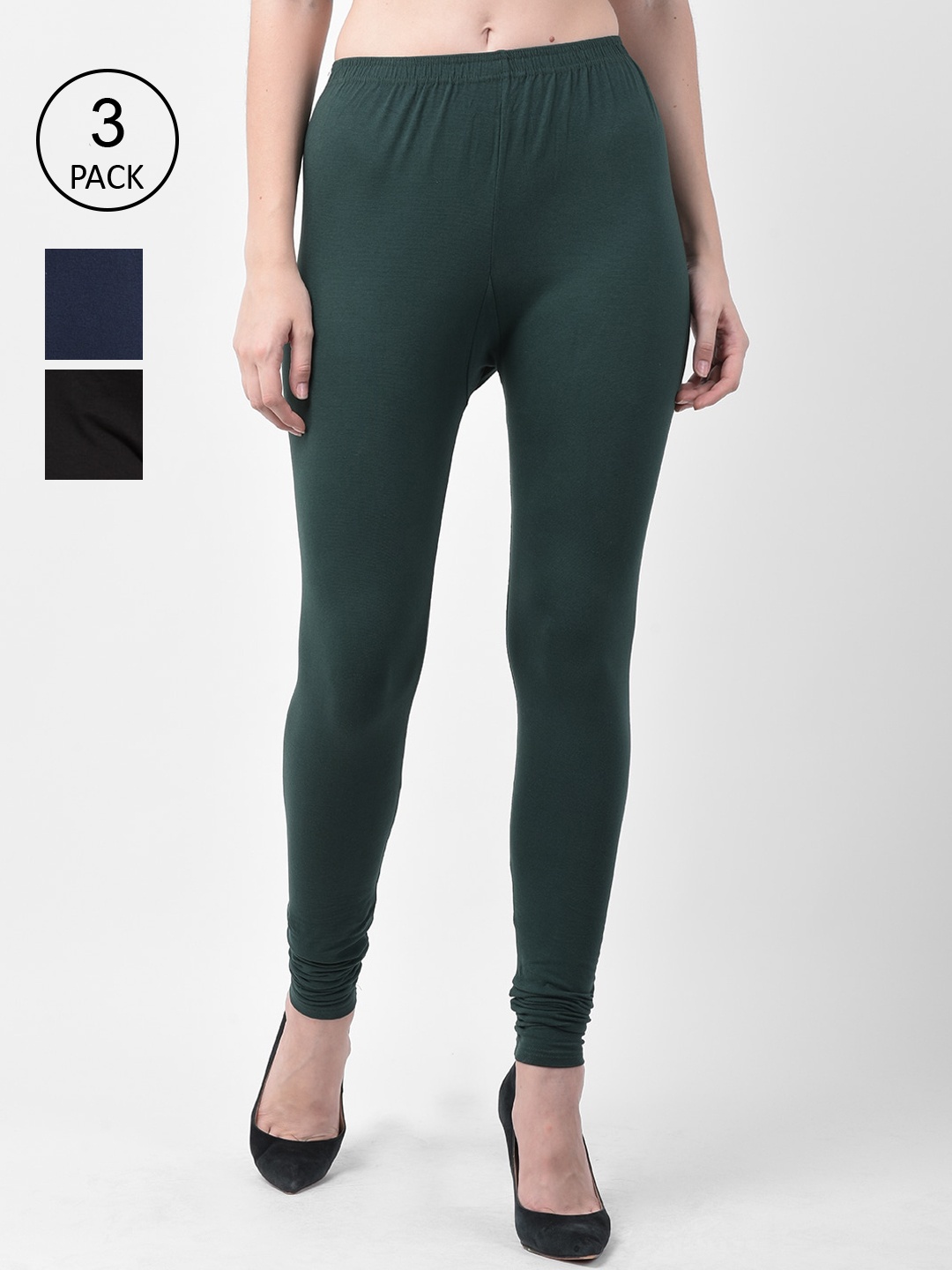 

GRACIT Women Pack Of 3 Green & Blue Solid Ankle-Length Leggings, Black