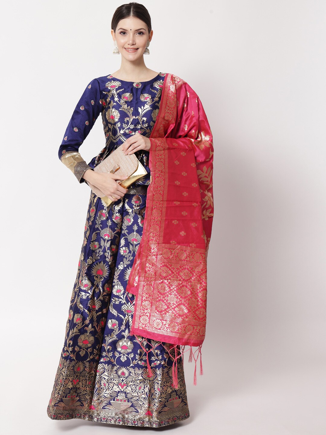 

Fabcartz Blue & Pink Semi-Stitched Lehenga & Unstitched Blouse With Dupatta