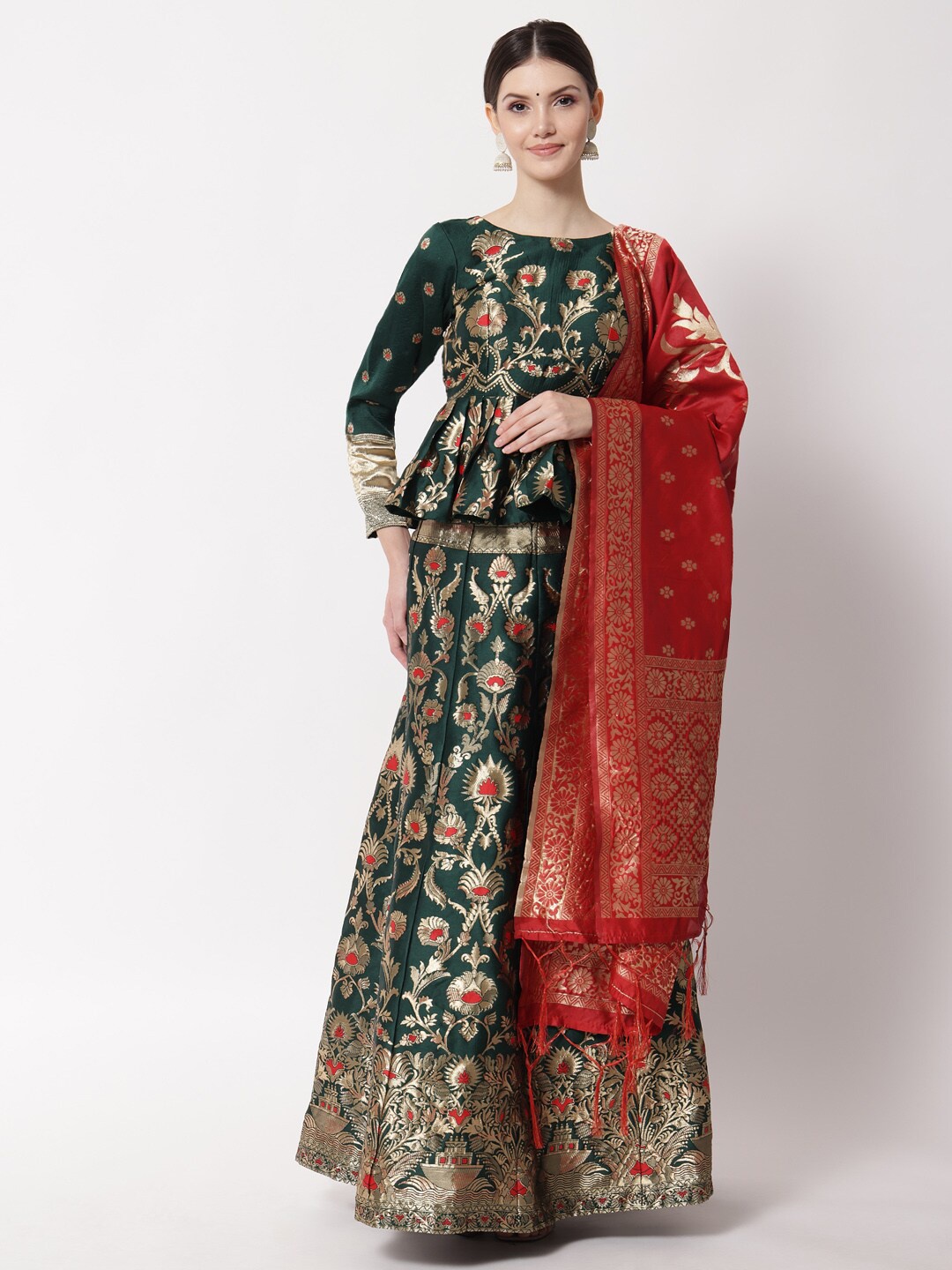 

Fabcartz Green & Red Semi-Stitched Lehenga & Unstitched Blouse With Dupatta