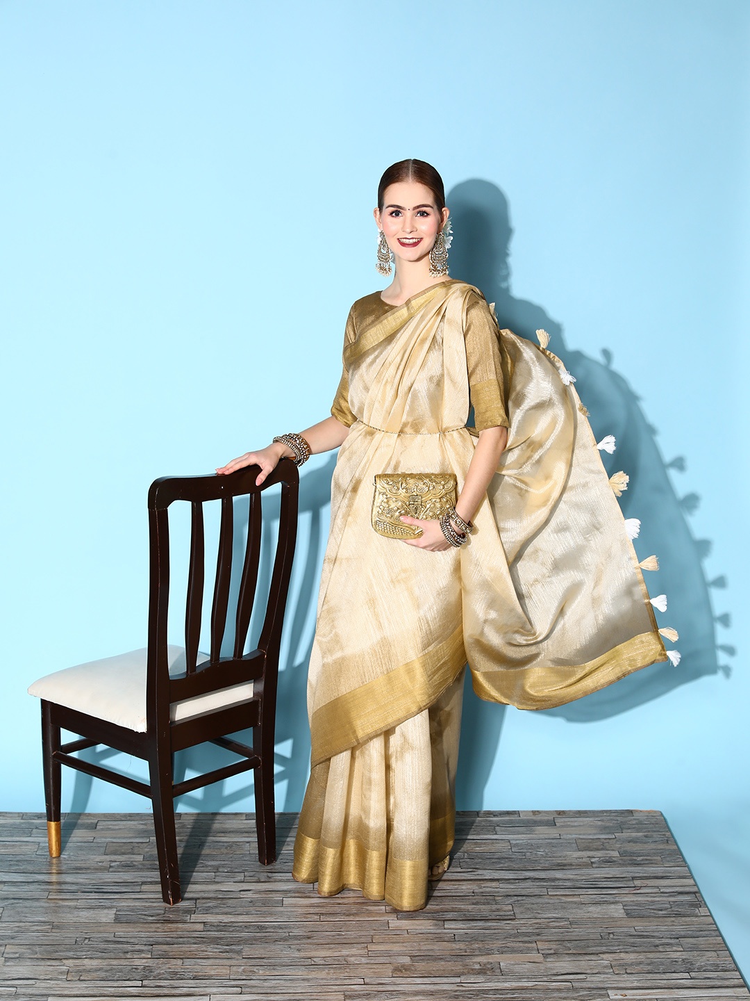 

Mitera Ethnic Motifs Silk Cotton Saree with Zari border, Cream