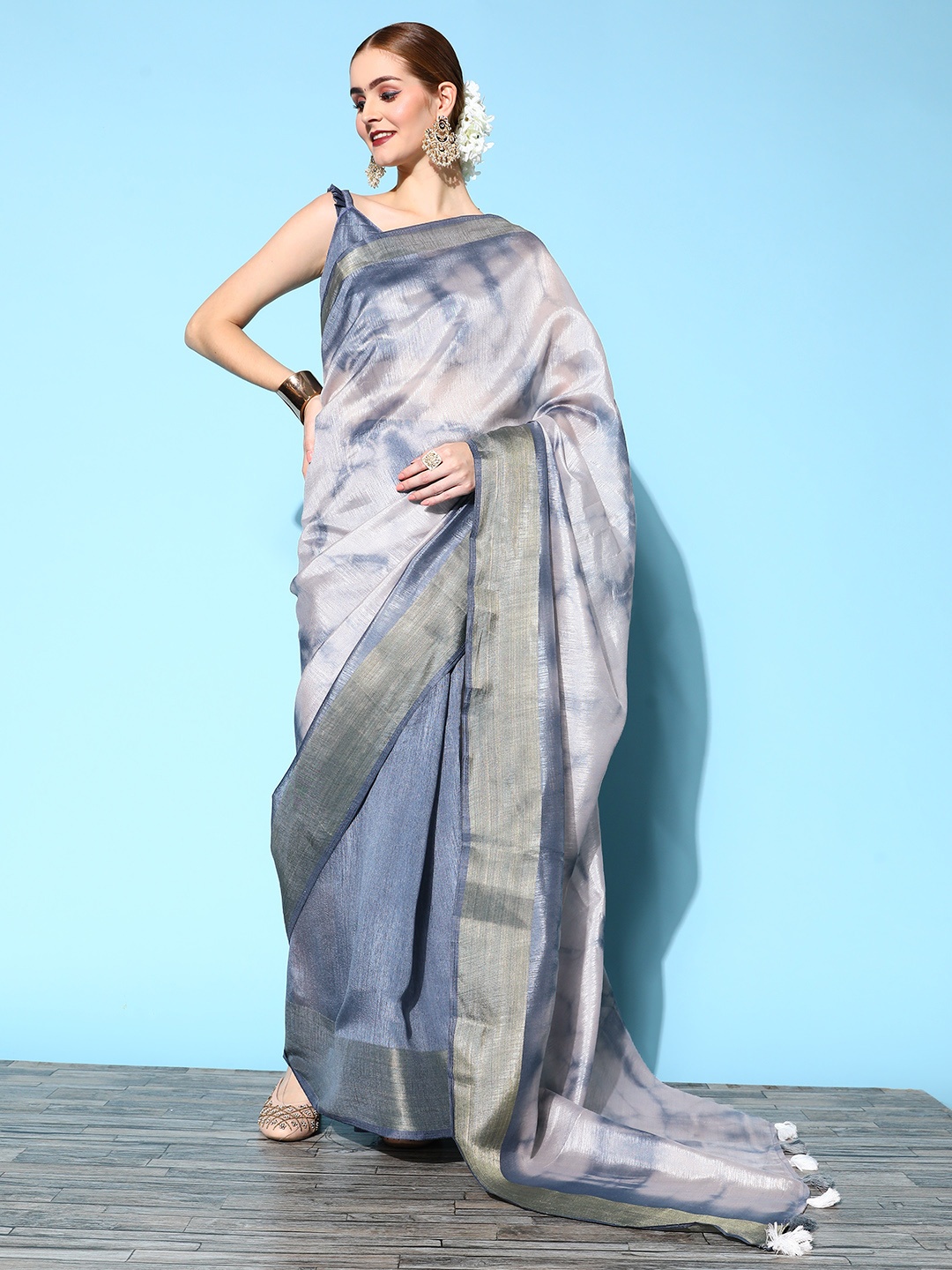 

Mitera Tie and Dye Silk Cotton Saree with Zari border, Grey